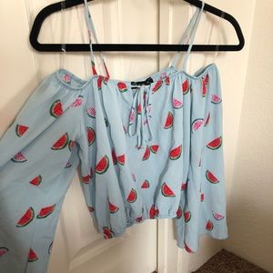 Watermelon print cold shoulder crop top